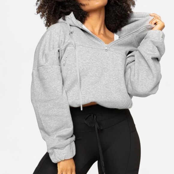 Popflex Half Zip Warm Up Hoodie – Heather Grey Sporty Cozy Streetwear Core (M) - Picture 3 of 8